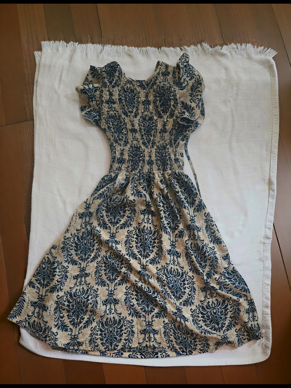 Blue and Cream Patterned Smocked Women's Dress